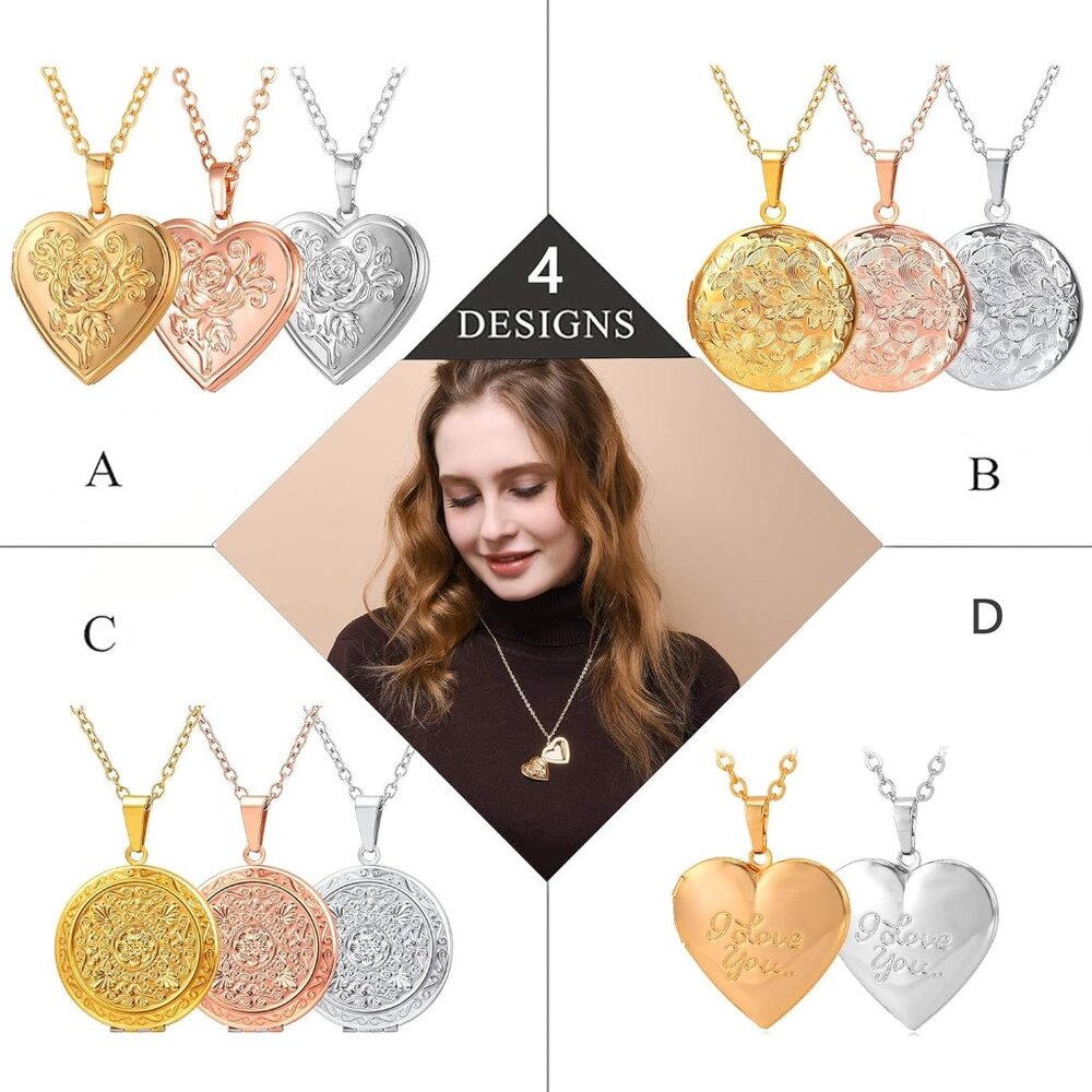 Locket Necklace for Women, Silver/Gold/Rose Gold Custom Photo Text Necklaces, Fl - Picture 7 of 9
